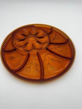 Vintage Amber Glass Deviled Egg Appetizer Tray Relish Platter 12.5"